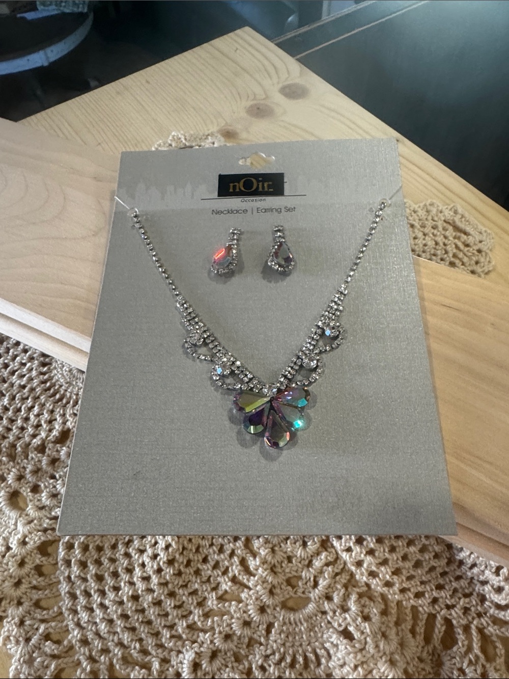 nOir Jewelry Silver Necklace with Iridescent Multicolor Teardrop Pendant